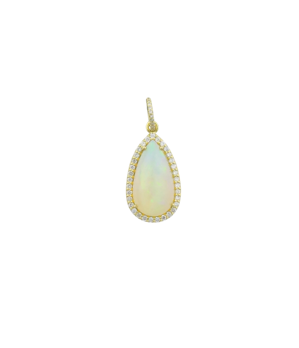 14K Gold Teardrop Opal Diamond Charm