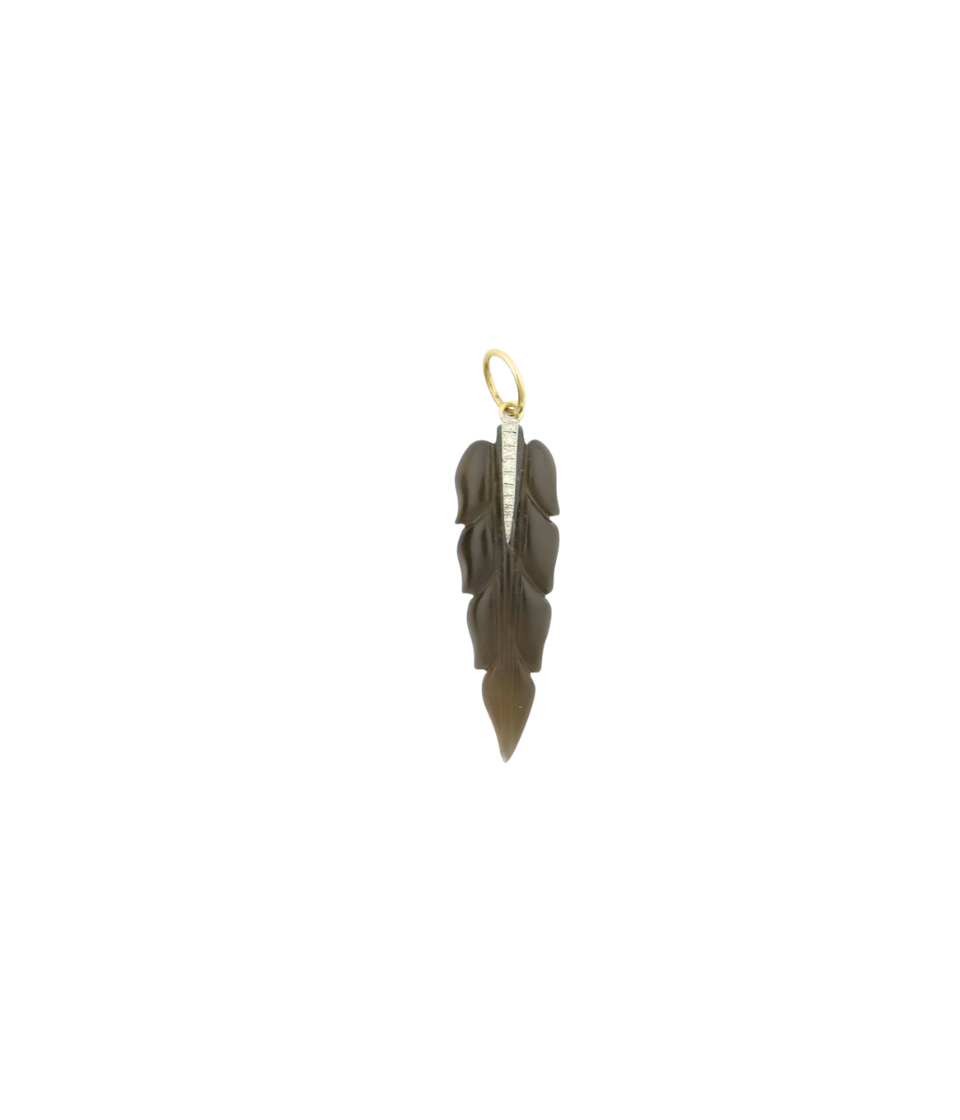14K Gold Diamond Carved Smoky Topaz Feather Charm