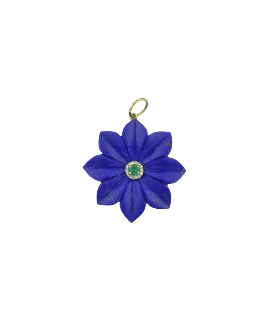 14K Gold Carved Lapis Emerald Flower Charm