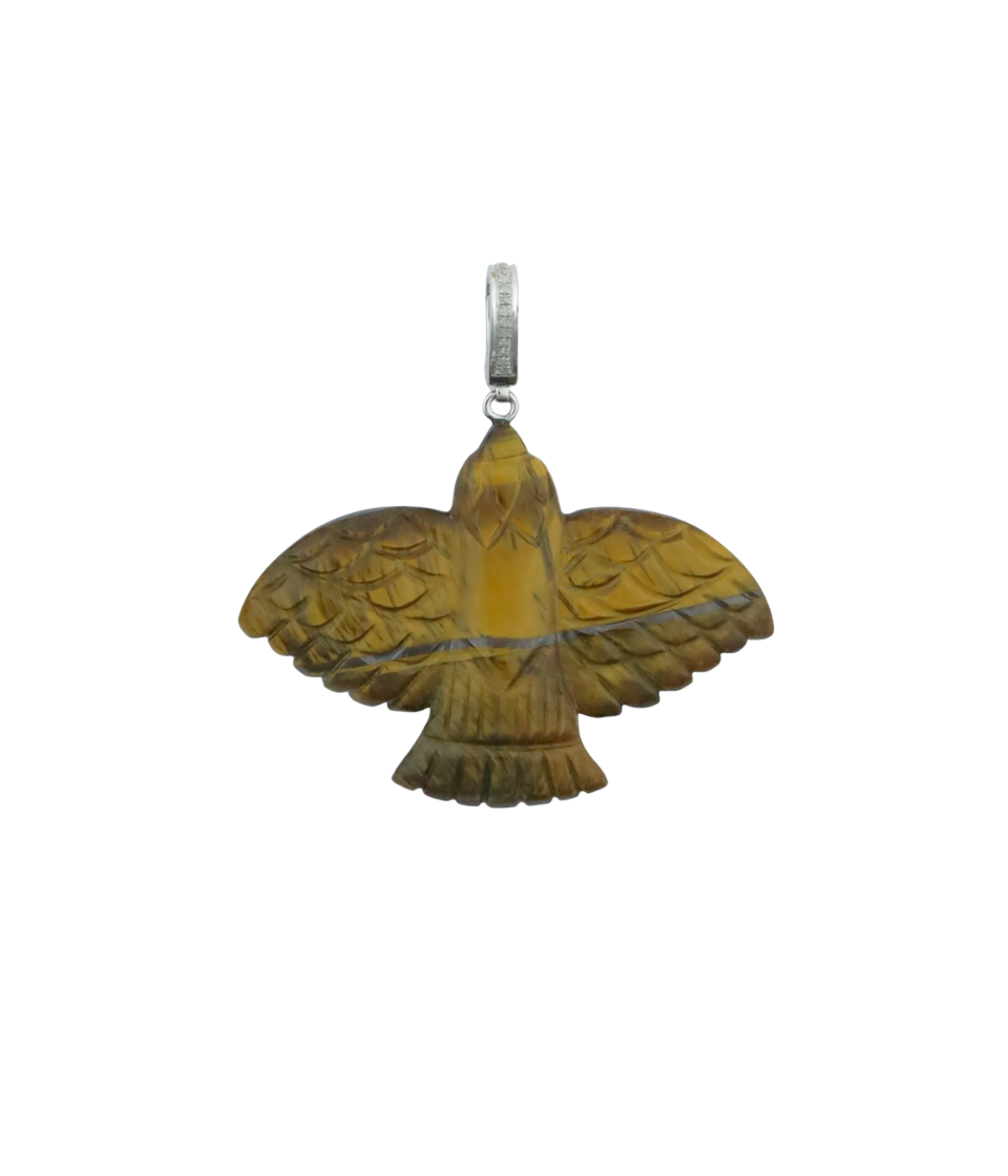 XL Carved Tiger's Eye Thunderbird Silver Diamond Charm