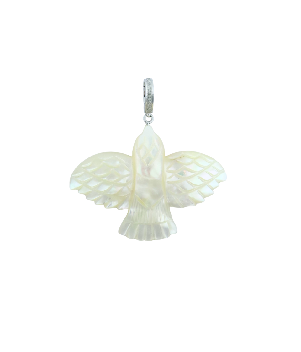 XL Carved Mother of Pearl Thunderbird Silver Diamond Charm