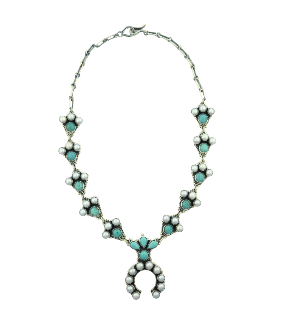 Federico Small Pearl Naja Turquoise Squash Blossom Necklace