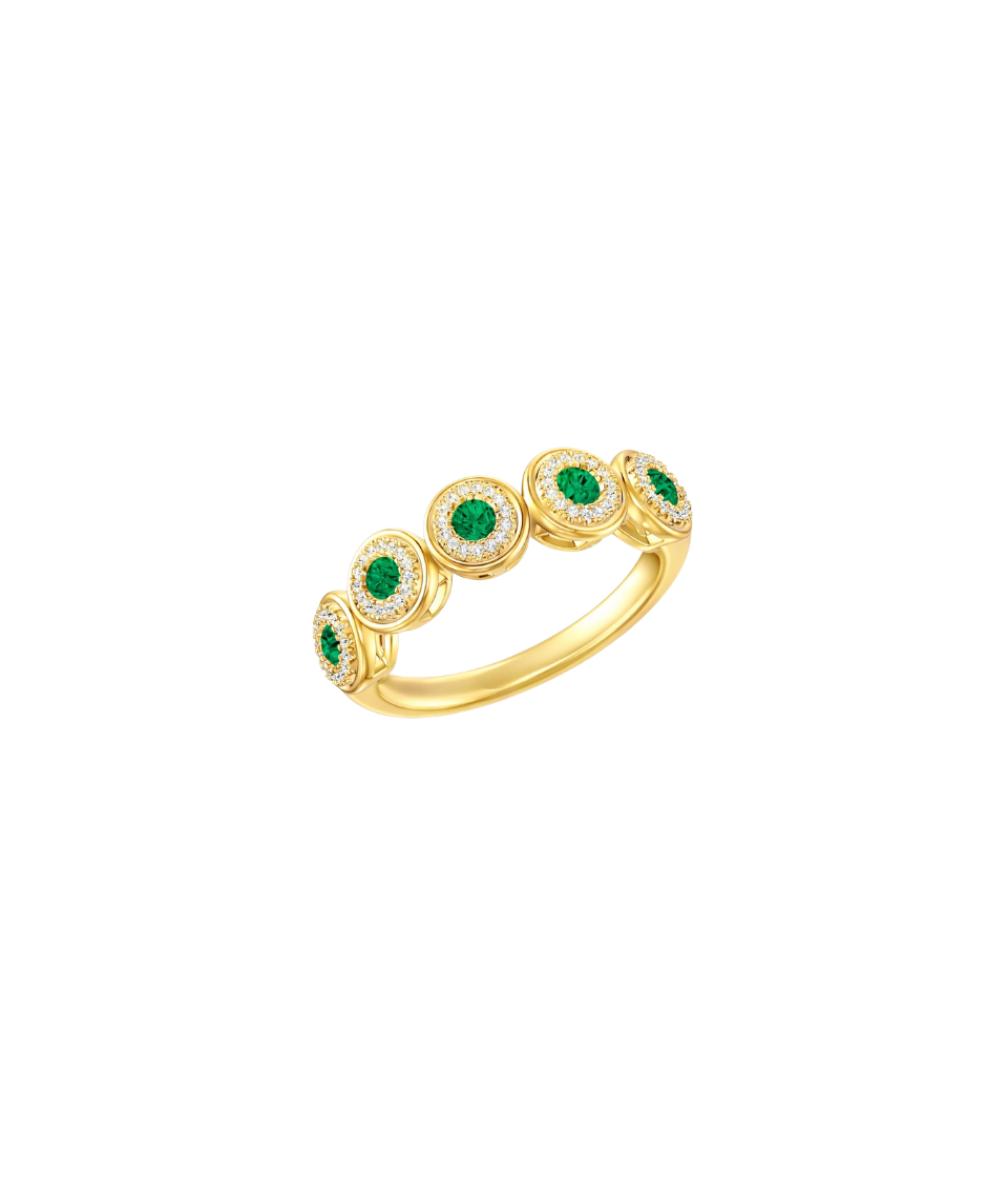 14K Gold Pave Diamond Circle 5 Stone Emerald Ring