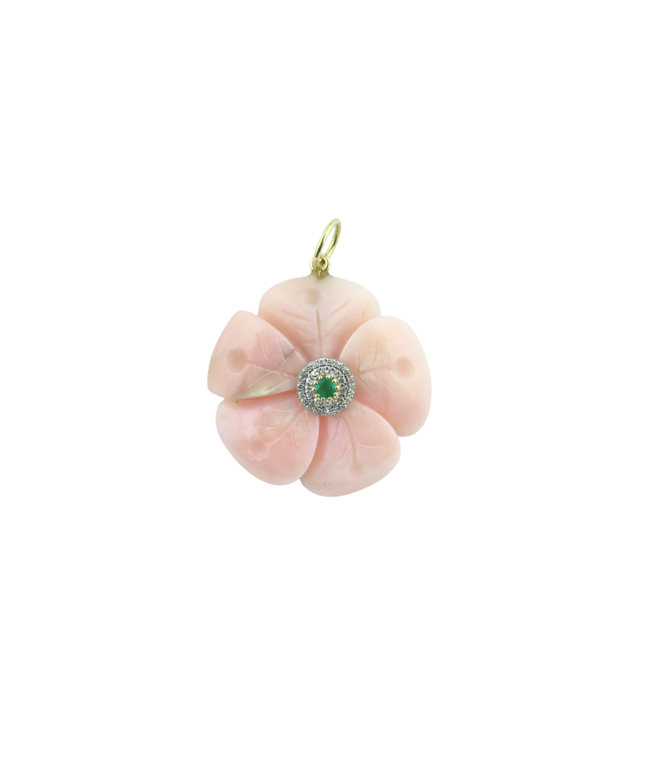 14K Gold Carved Pink Opal Emerald Flower Charm