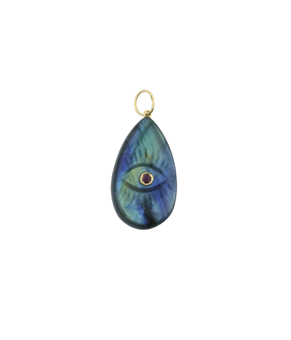 14K Gold Bezel Ruby Carved Labradorite Evil Eye Pendant