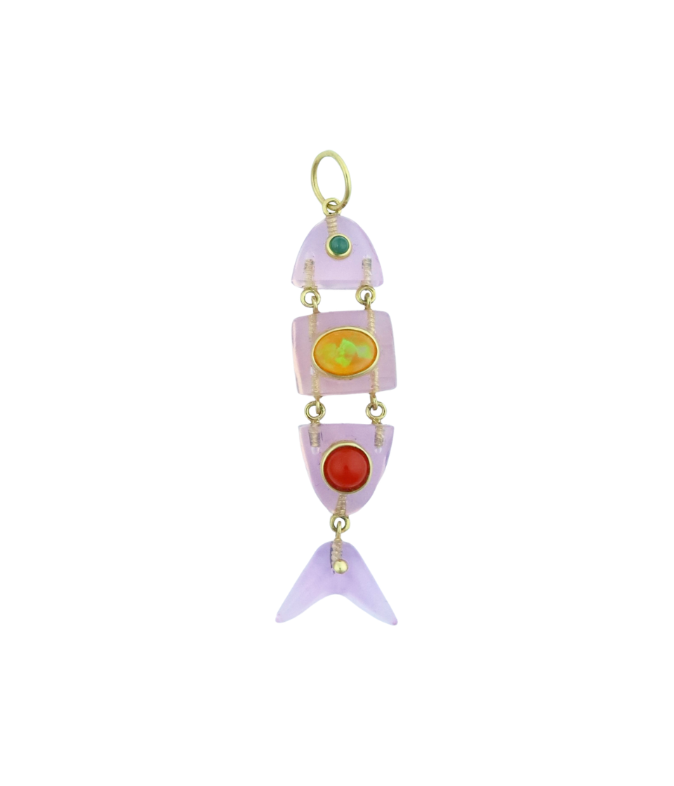 14K Gold Pink Opalite Gemstone Scale Fish Charm