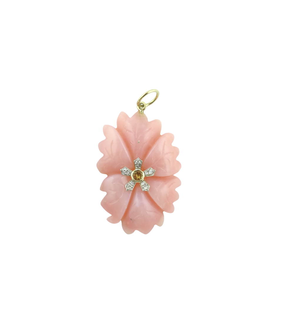 14K Gold Carved Pink Opal Citrine Flower Charm