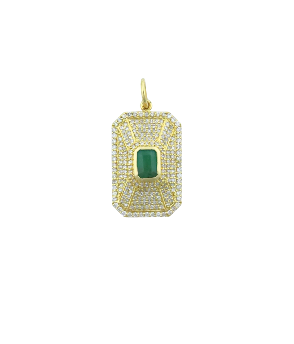14K Gold .81ct Baguette Emerald Diamond Dog Tag Charm