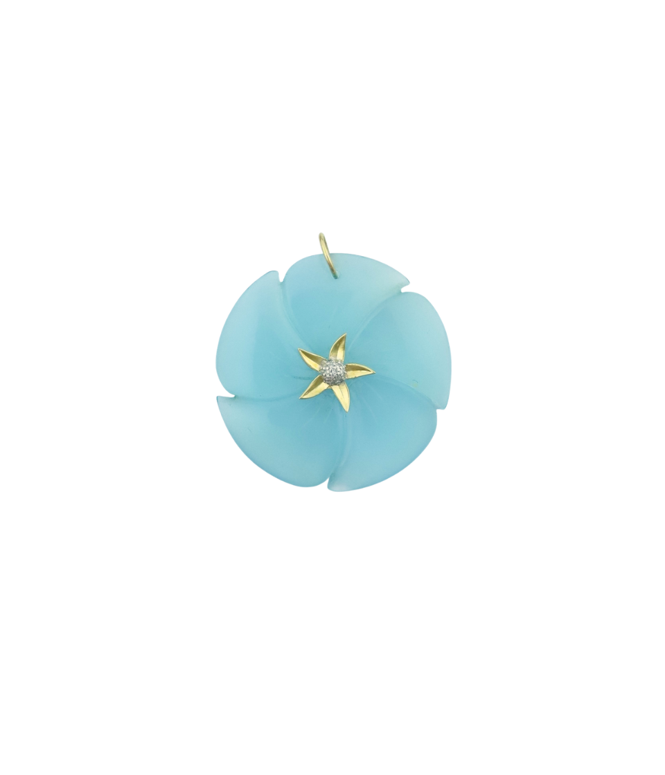 14K Gold Blue Chalcedony Diamond Flower Charm
