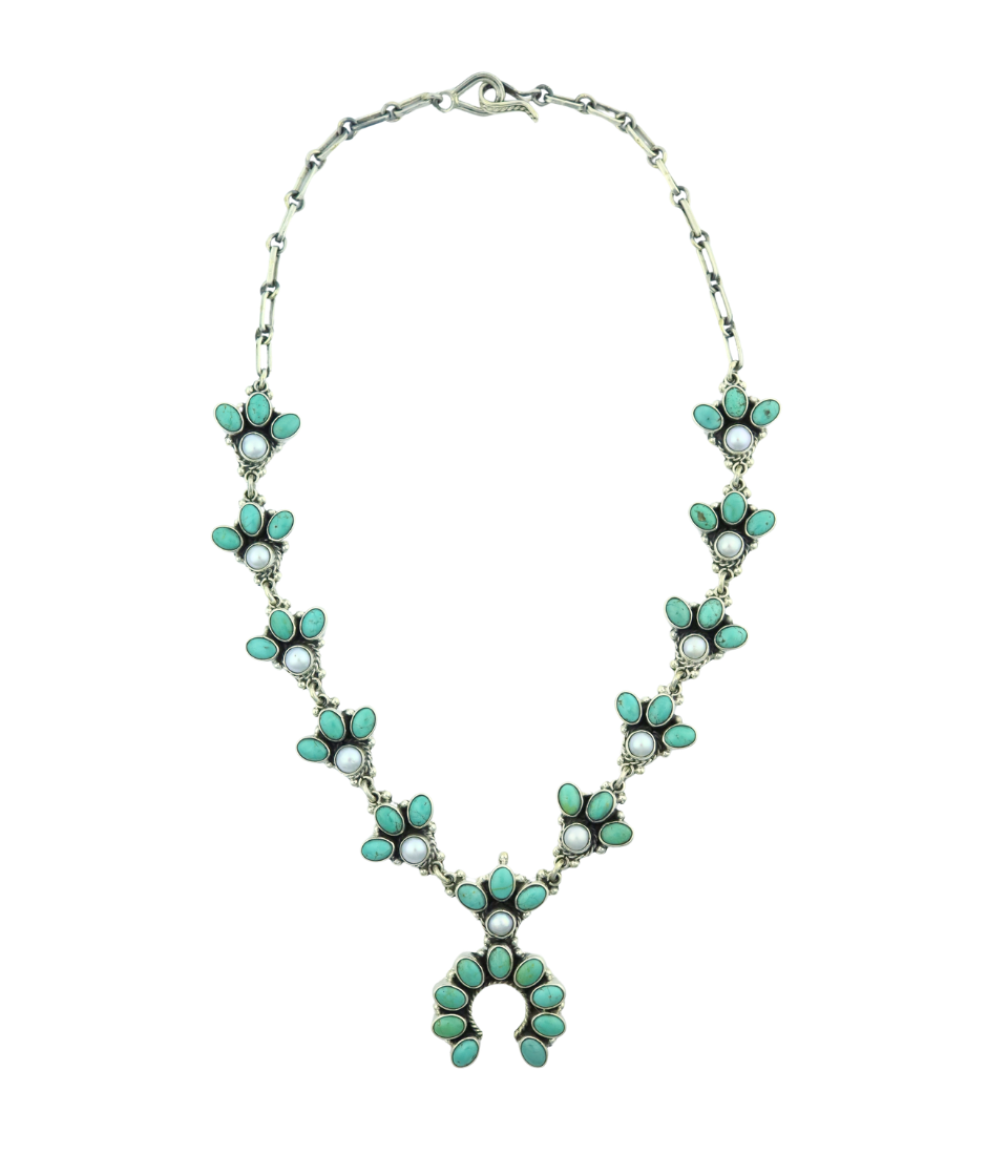 Federico Small Turquoise & Pearl Squash Blossom Necklace