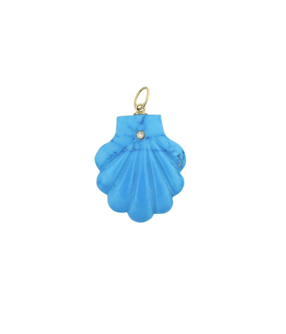14K Gold Diamond Turquoise Carved Scallop Shell Pendant
