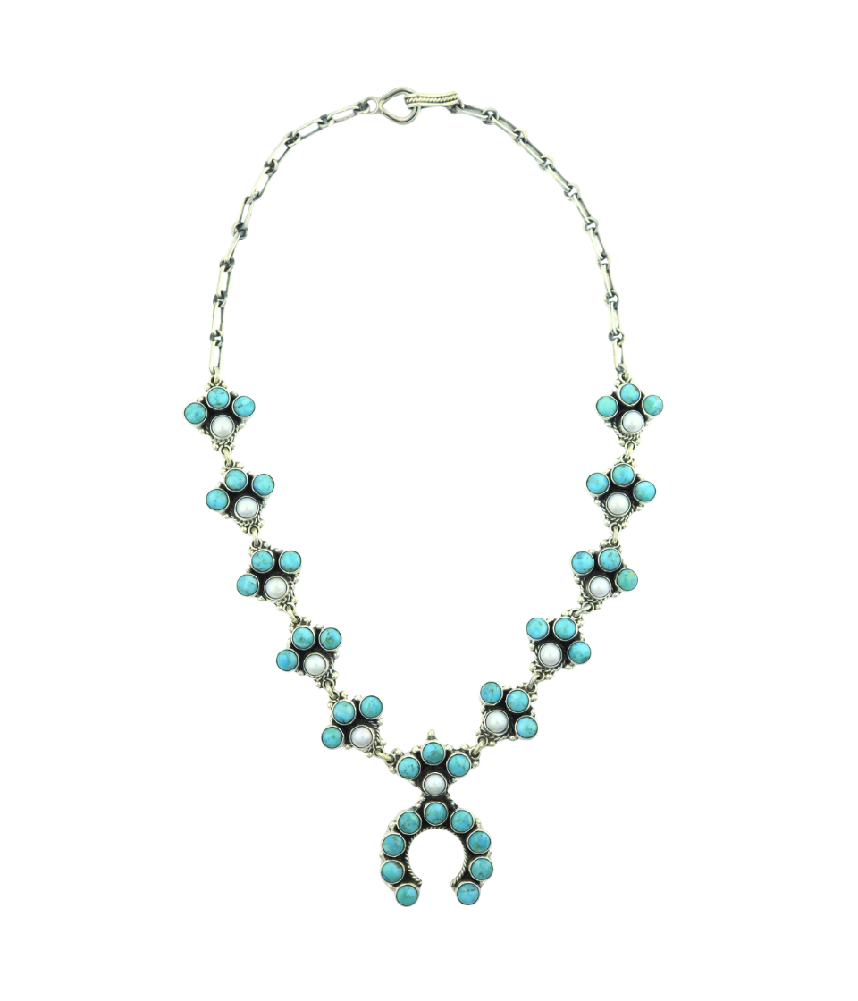 Federico Small Turquoise & Pearl Squash Blossom Necklace