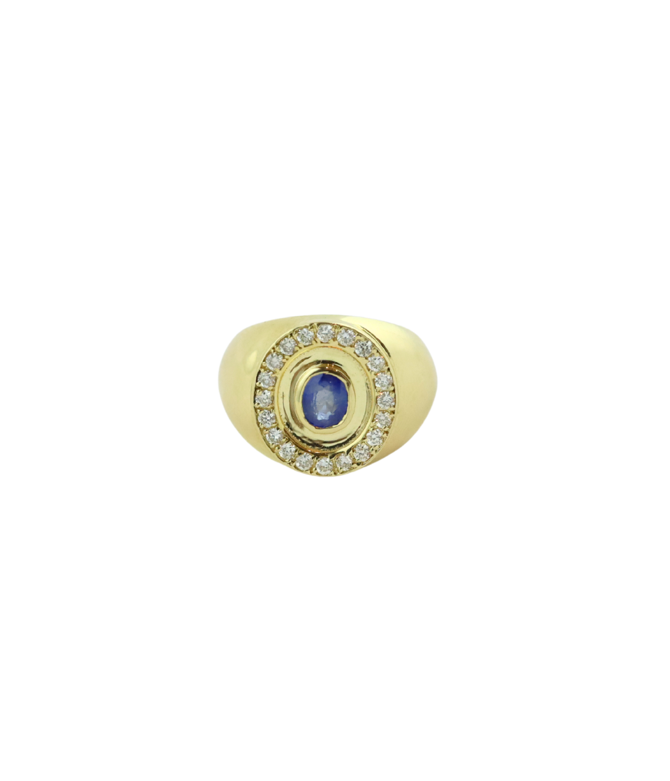 Chunky 14K Gold Oval Sapphire & Diamond Framed Signet Ring