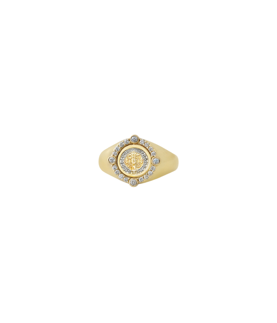 14K Gold Diamond Saint Benedict Pinky Ring