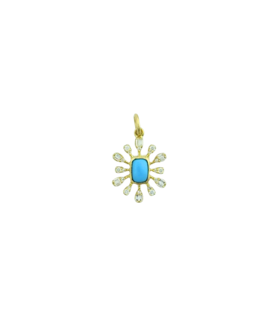 14K Gold Abstract Turquoise Diamond Flower Charm