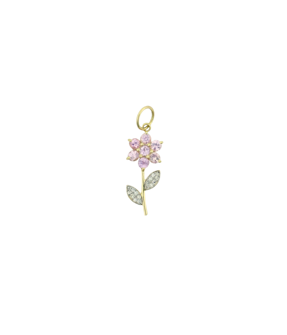 14K Gold Diamond Pink Sapphire Flower Stem Charm