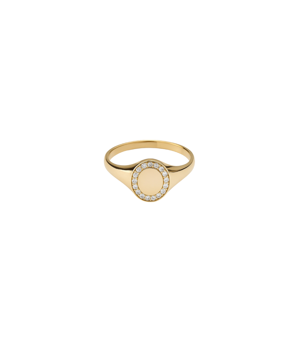 14K Gold Diamond Frame Oval Signet Pinky Ring