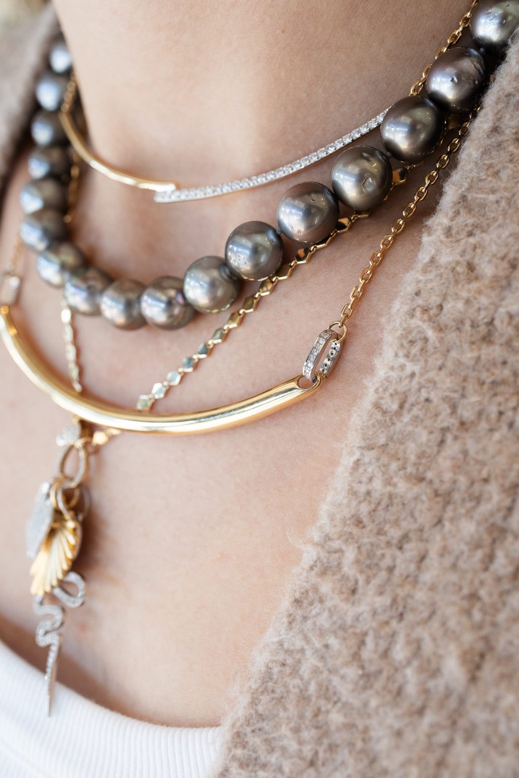 14K Gold Curved Bar + Diamond Link Choker Necklace
