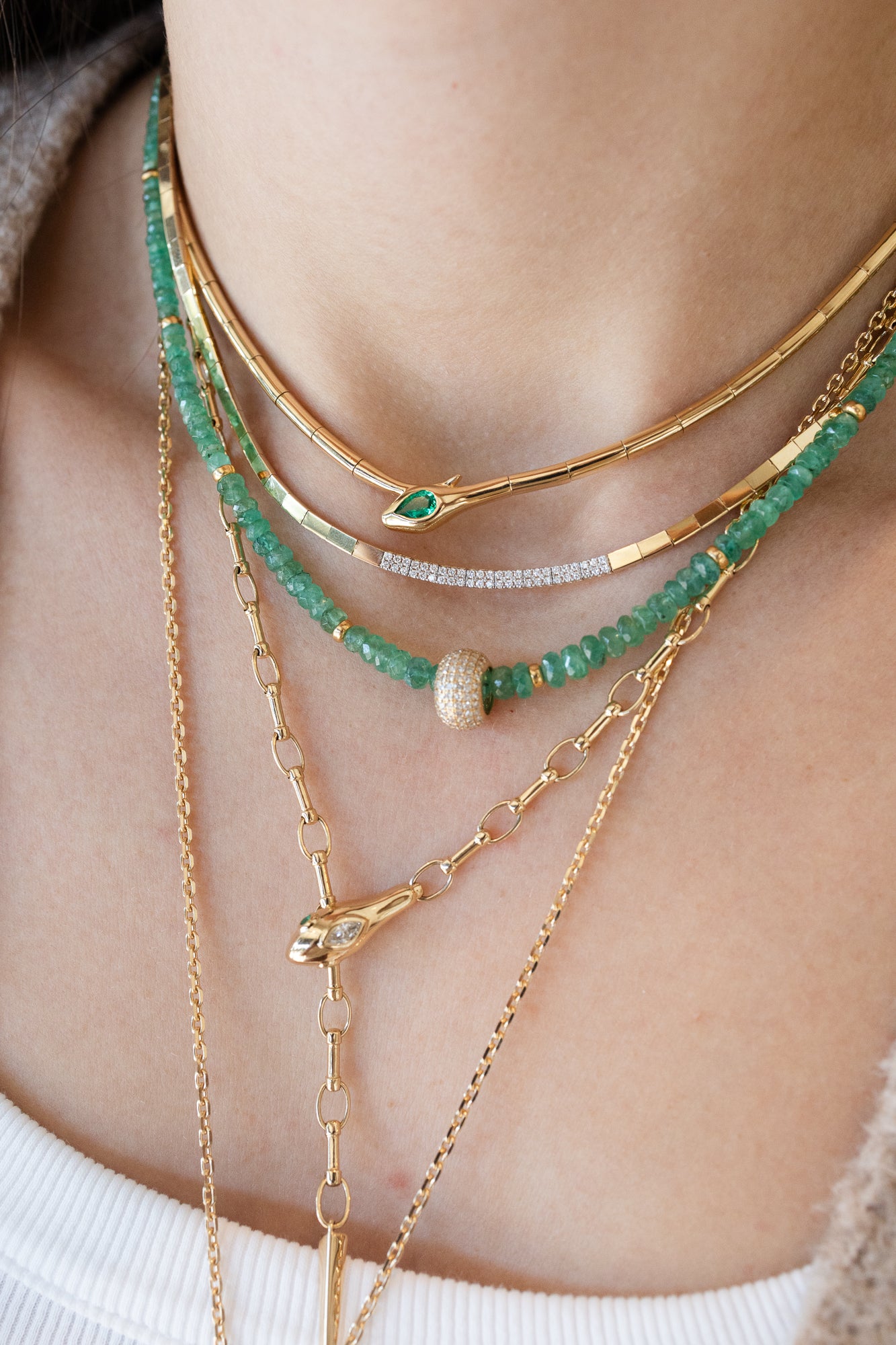 14K Gold Link + Oval Snake .11ct Diamond Lariat Necklace