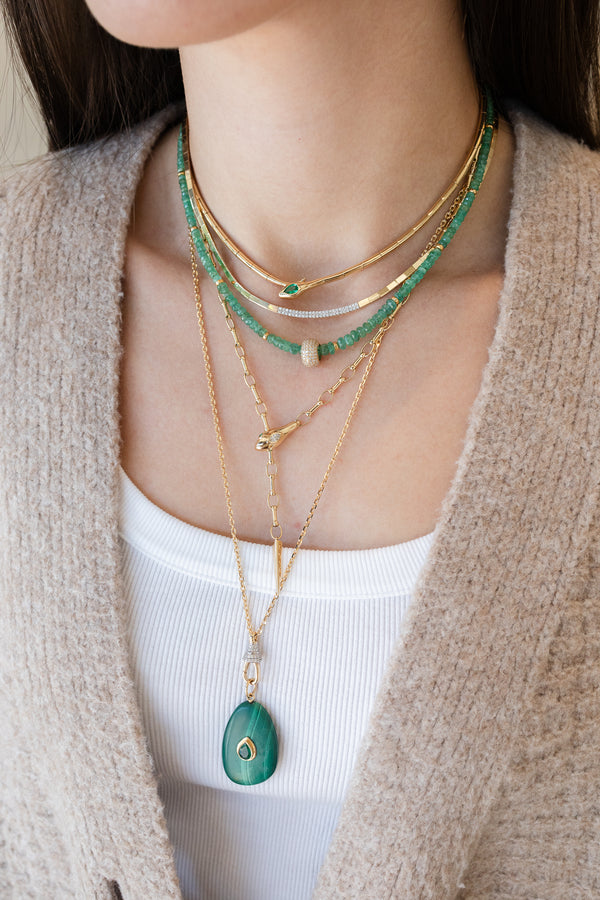 14K Gold Link + Oval Snake .11ct Diamond Lariat Necklace