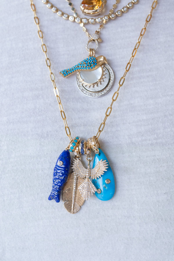 14K Gold Oval Arizona Turquoise 3 Diamond Nugget Charm