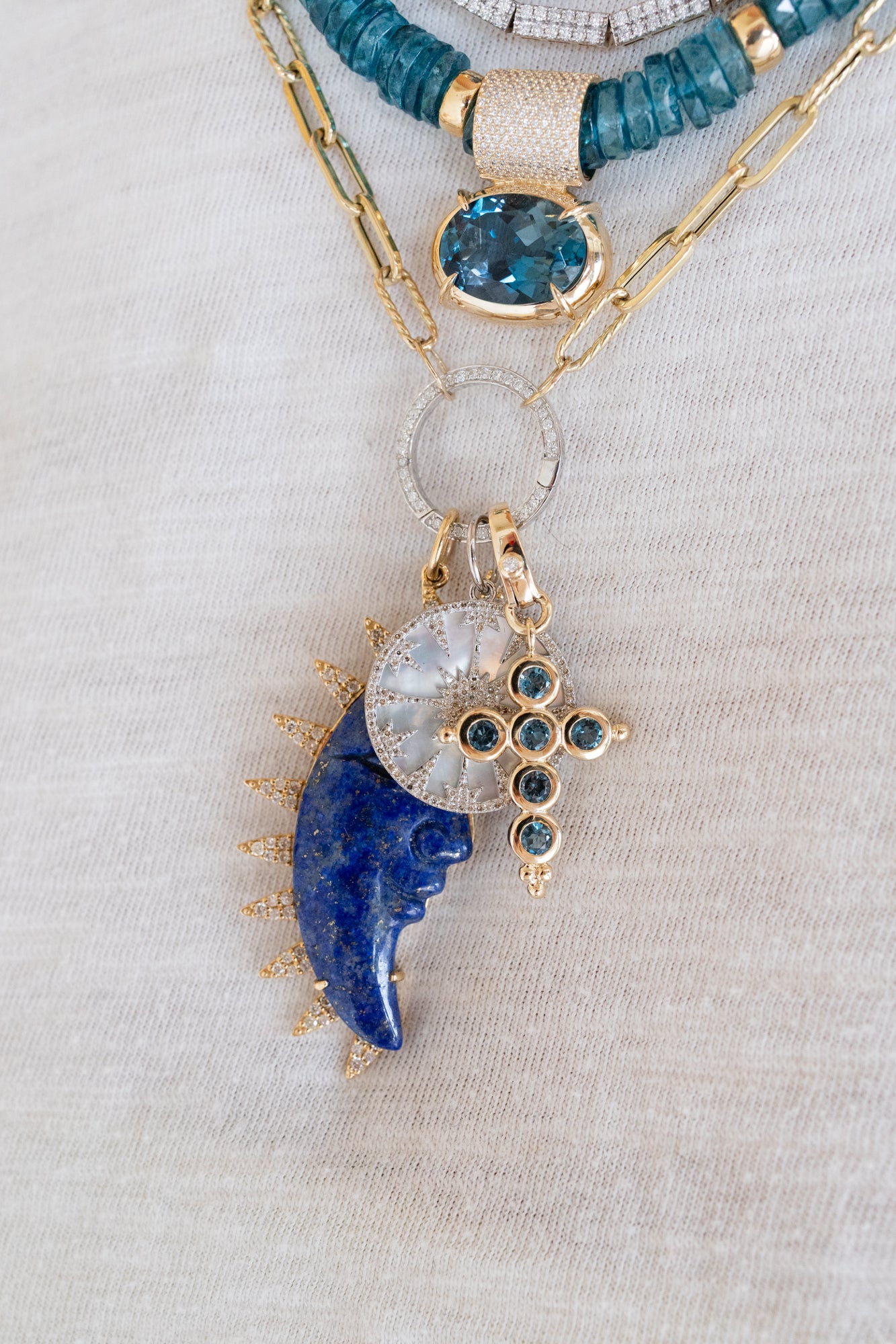 14K Gold London Blue Topaz Bezel Cross Charm