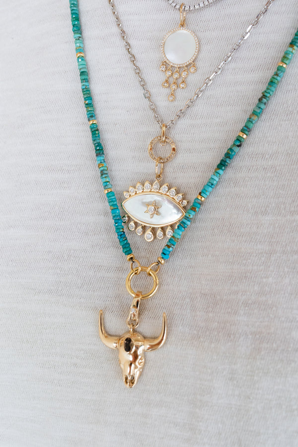 14K Gold Mother of Pearl Diamond Evil Eye Starburst Diamond Charm