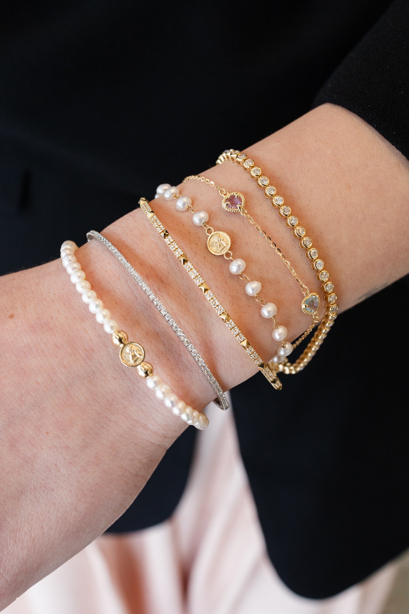 14K Gold Heart Amethyst + Blue Topaz Bracelet