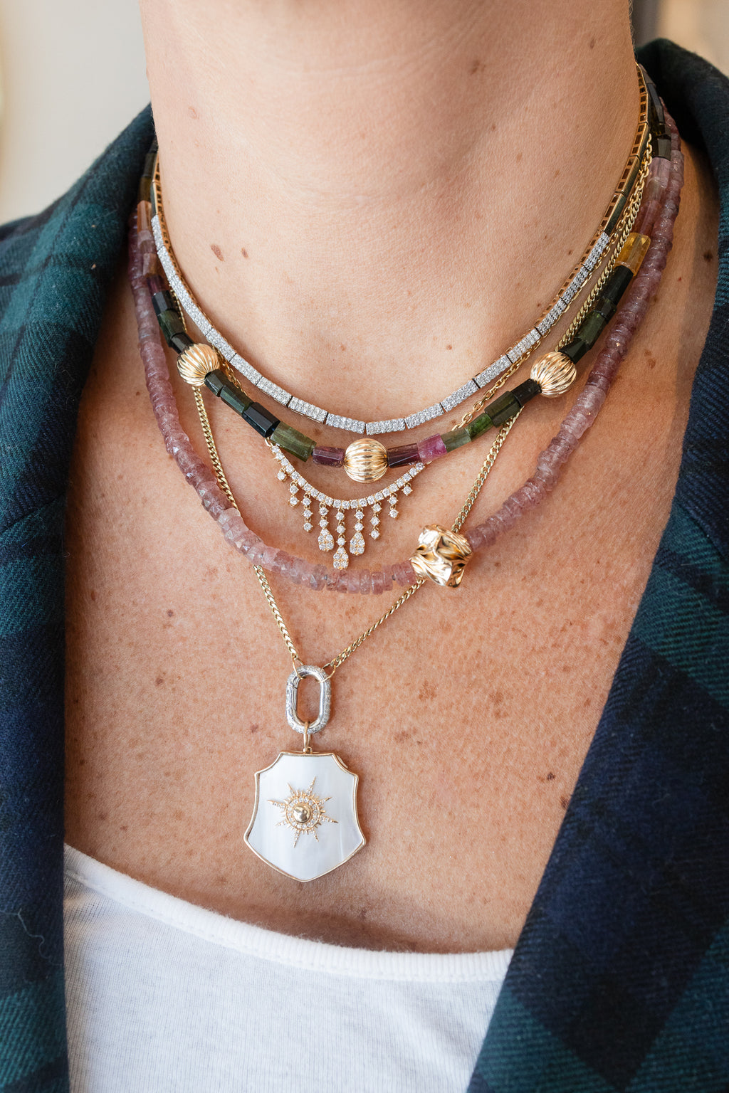 Watermelon Tourmaline Fluted Rondelle Beaded Necklace