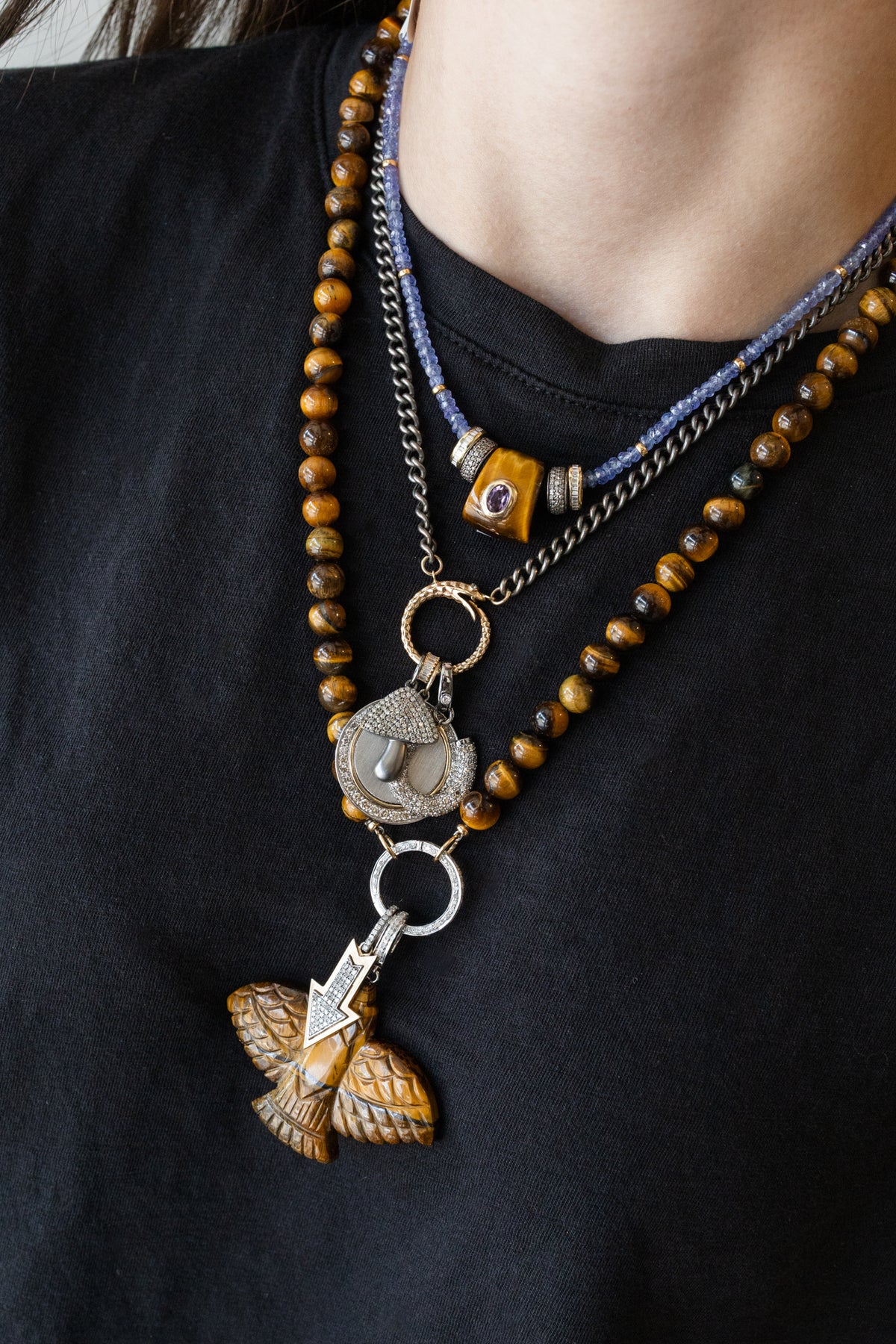 XL Carved Tiger's Eye Thunderbird Silver Diamond Charm