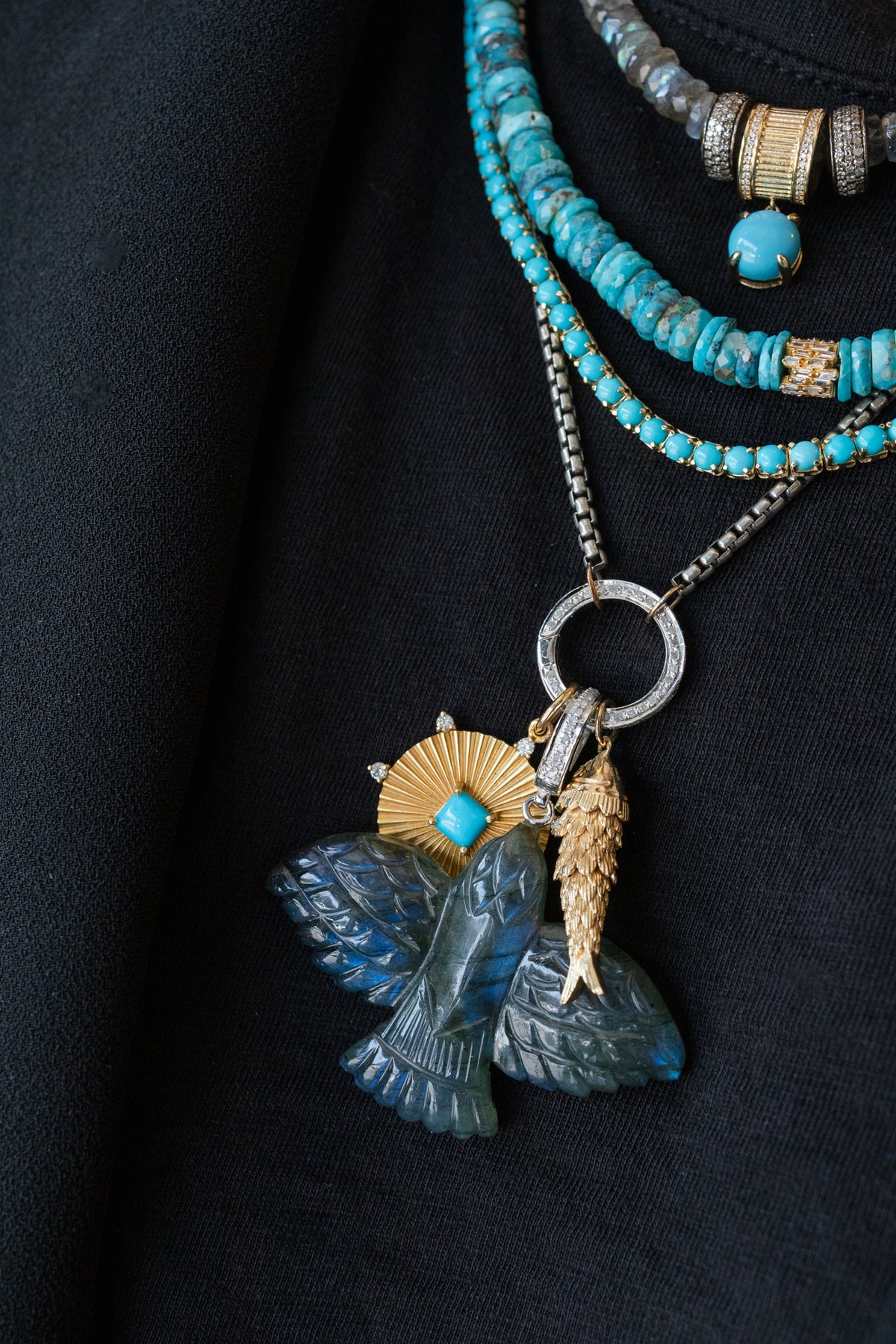 XL Carved Labradorite Thunderbird Silver Diamond Charm