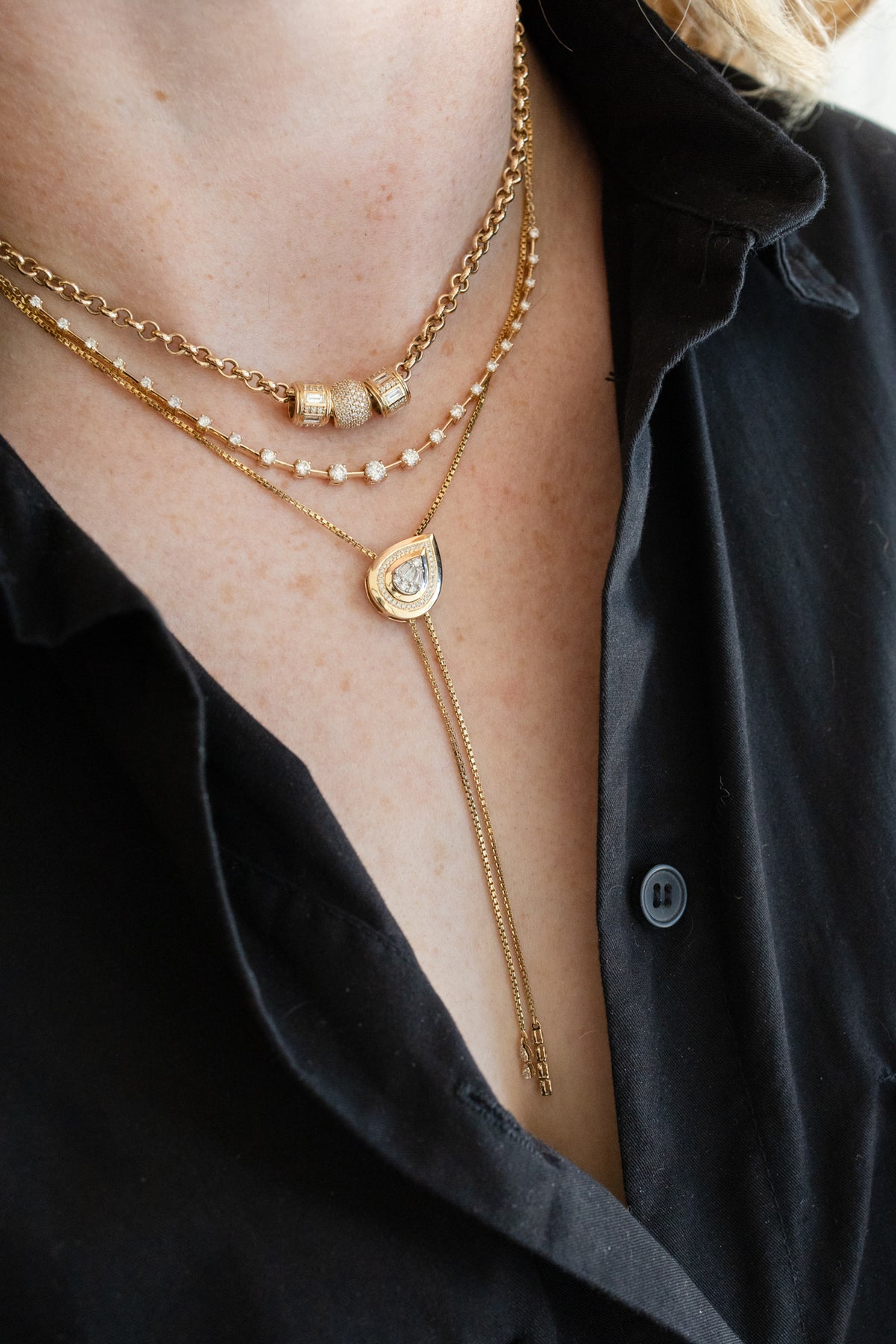 14K Gold Teardrop Baguette Bolo Lariat Necklace