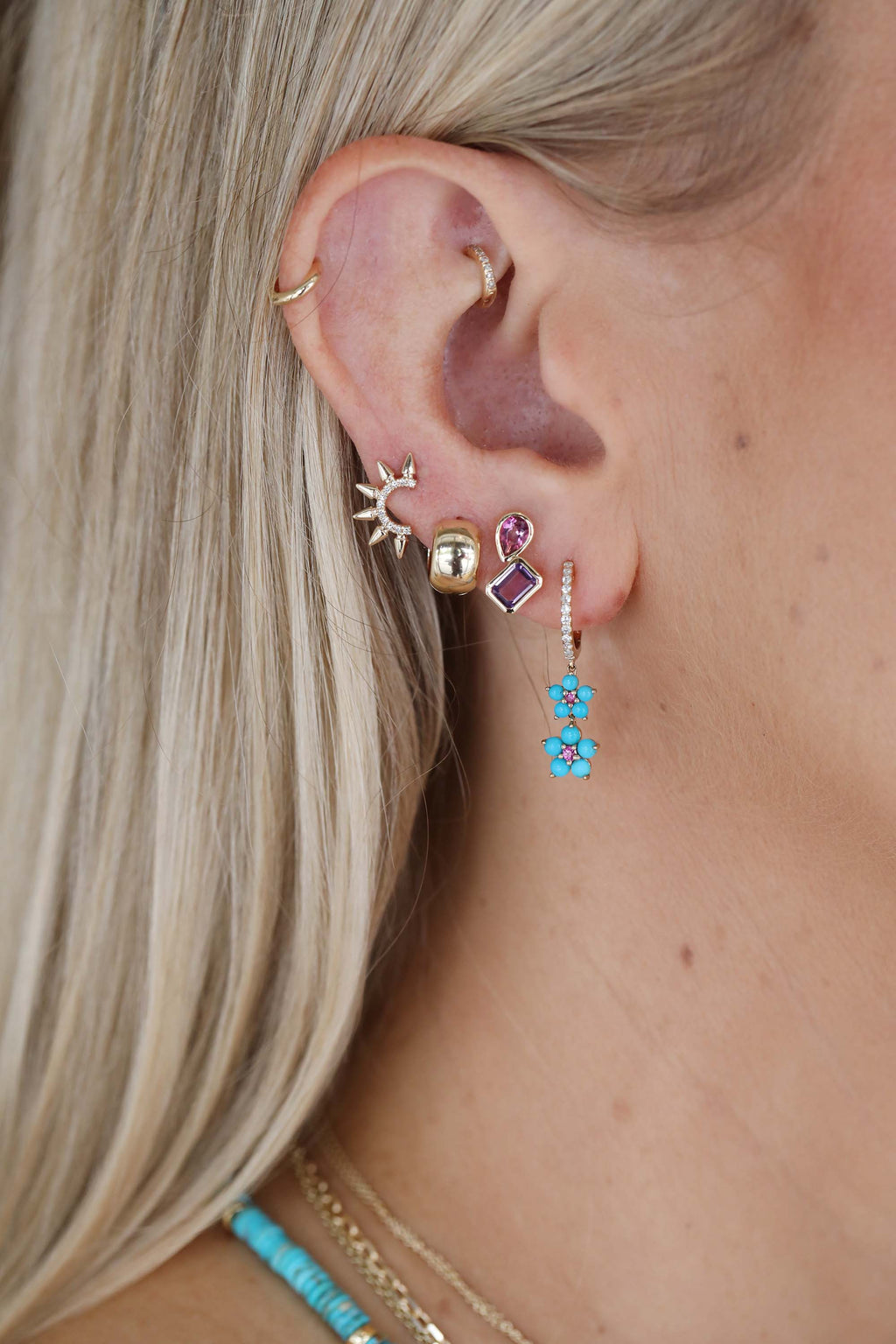 14K Gold Mix Shape Amethyst Pink Topaz Studs