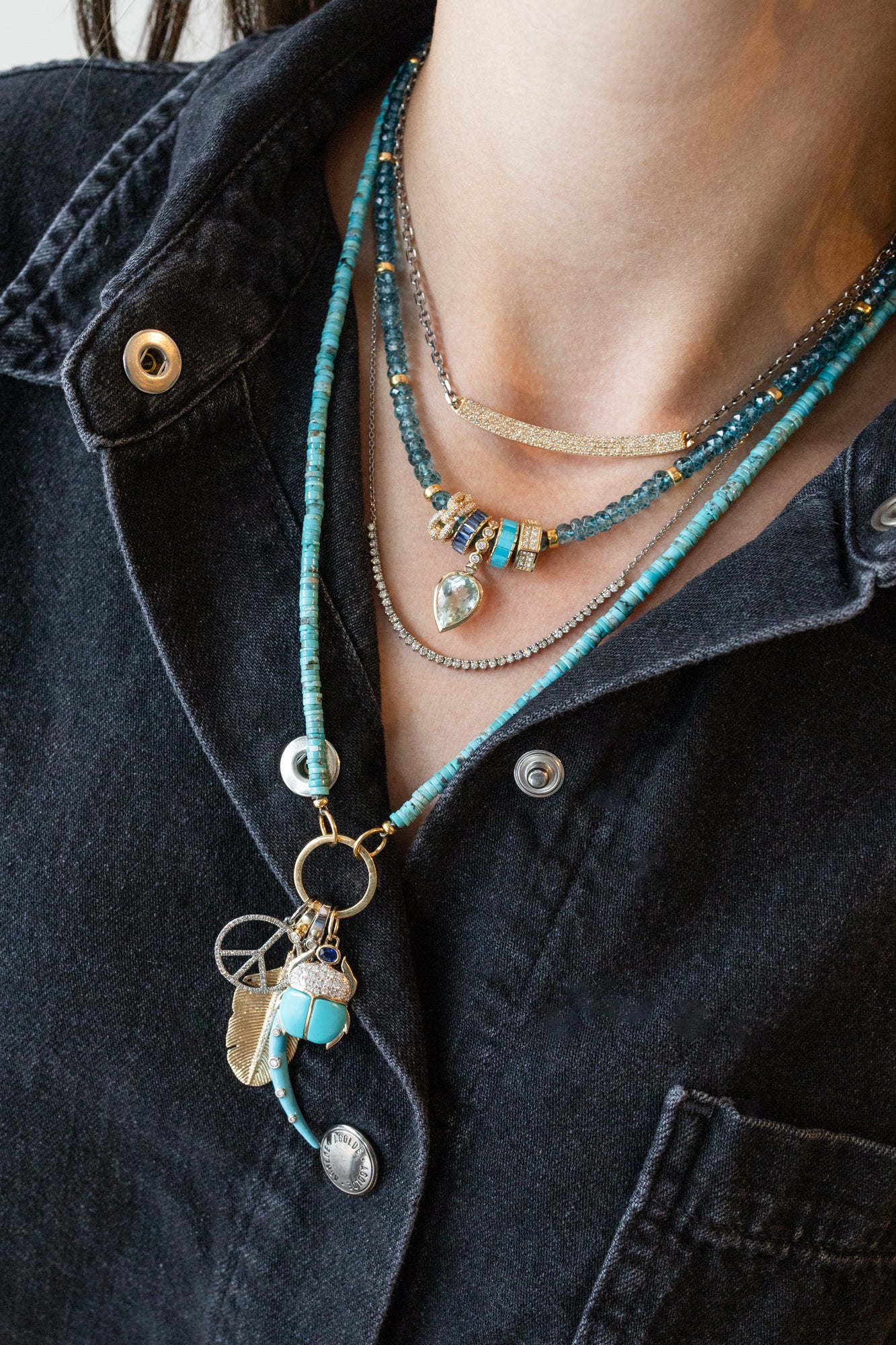 Silver Turquoise Enamel Diamond Crescent Moon Charm