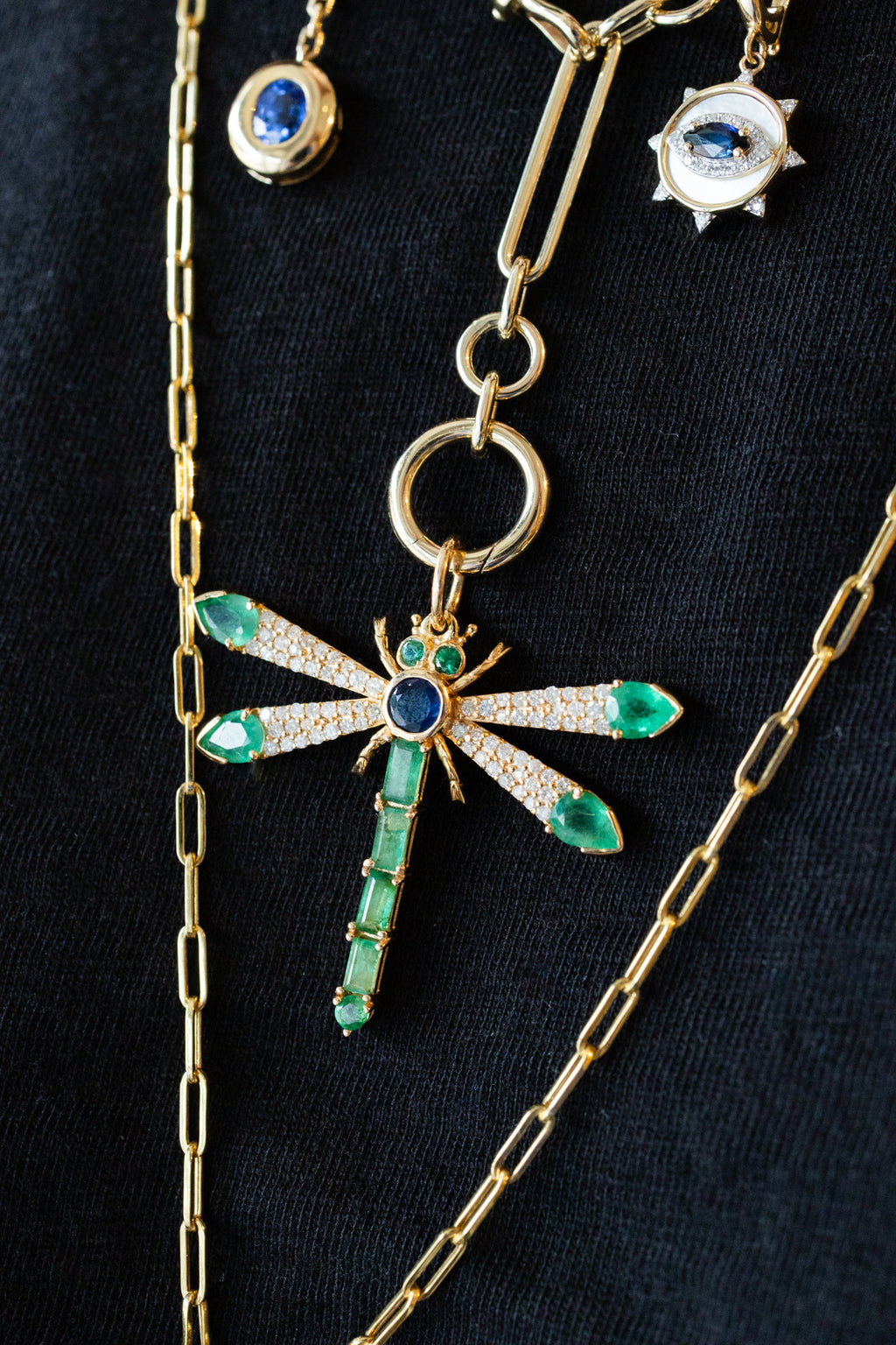 14K Gold Emerald & Sapphire Dragonfly Charm