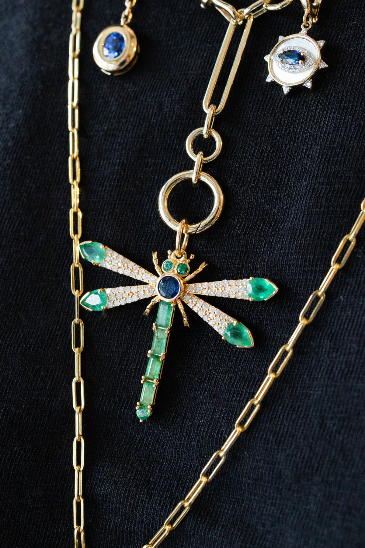 14K Gold Emerald & Sapphire Dragonfly Charm