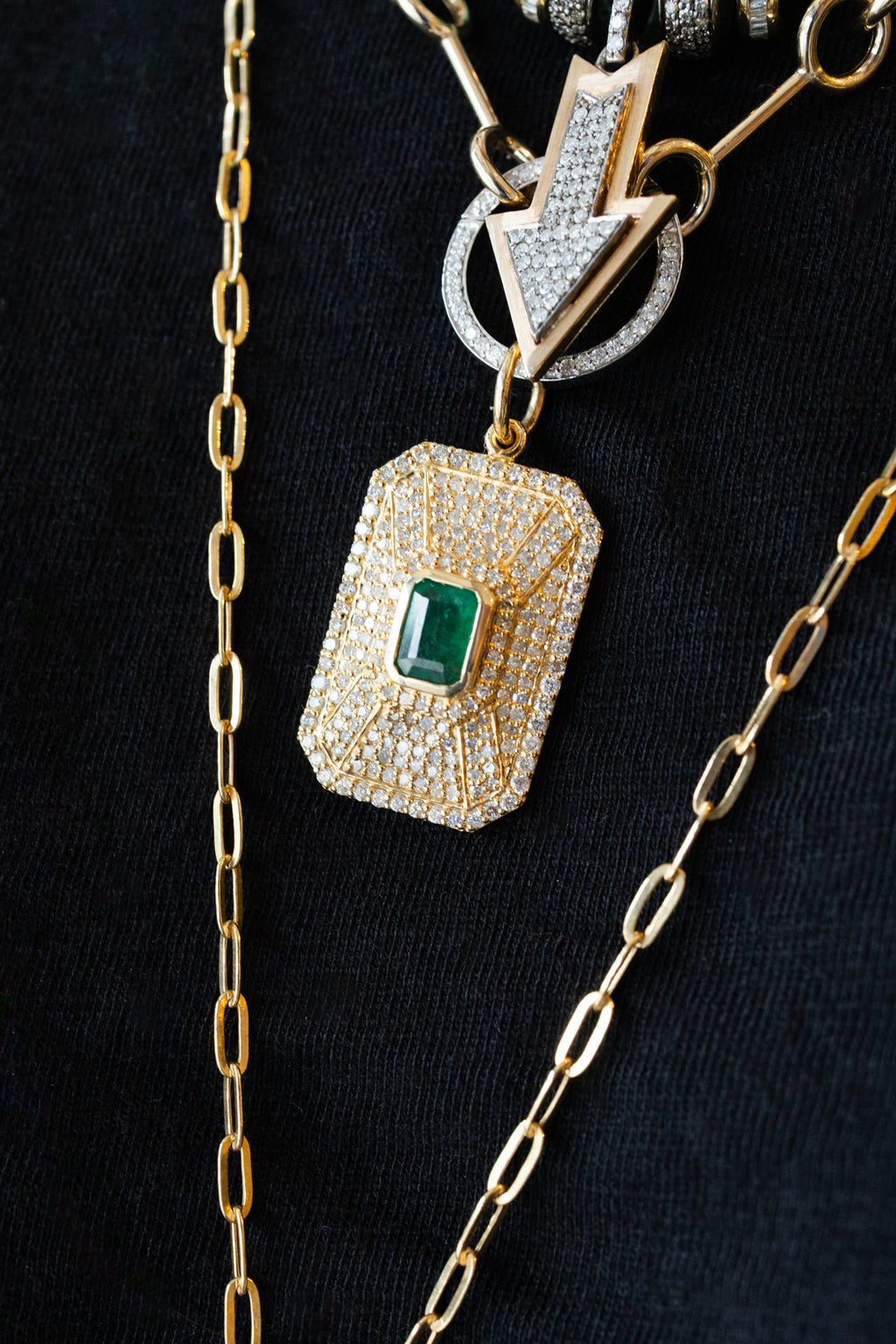 14K Gold .81ct Baguette Emerald Diamond Dog Tag Charm