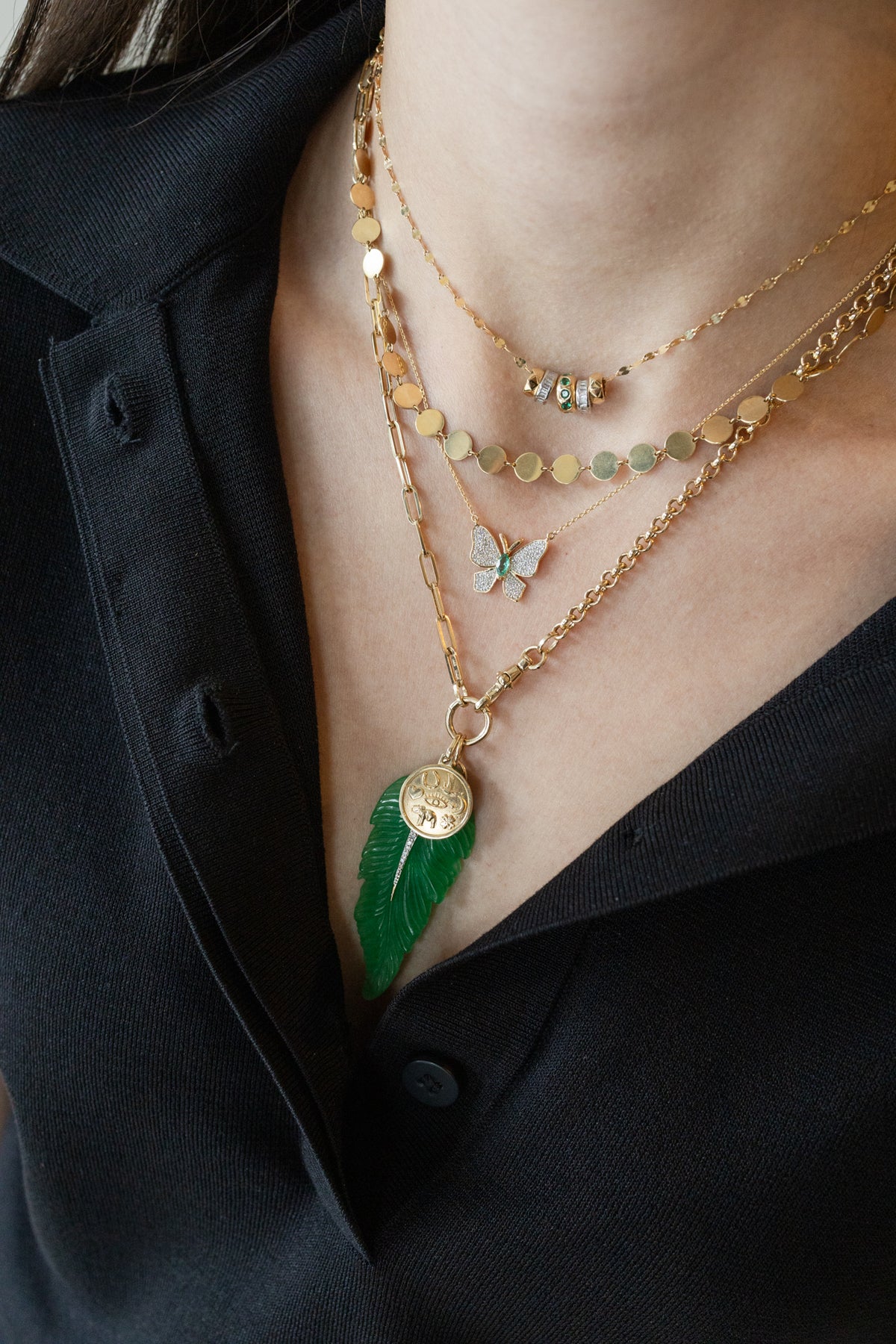 14K Gold Diamond Emerald Pave Butterfly Necklace
