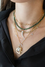 14K Gold Pave Diamond Heart Charm Station Necklace