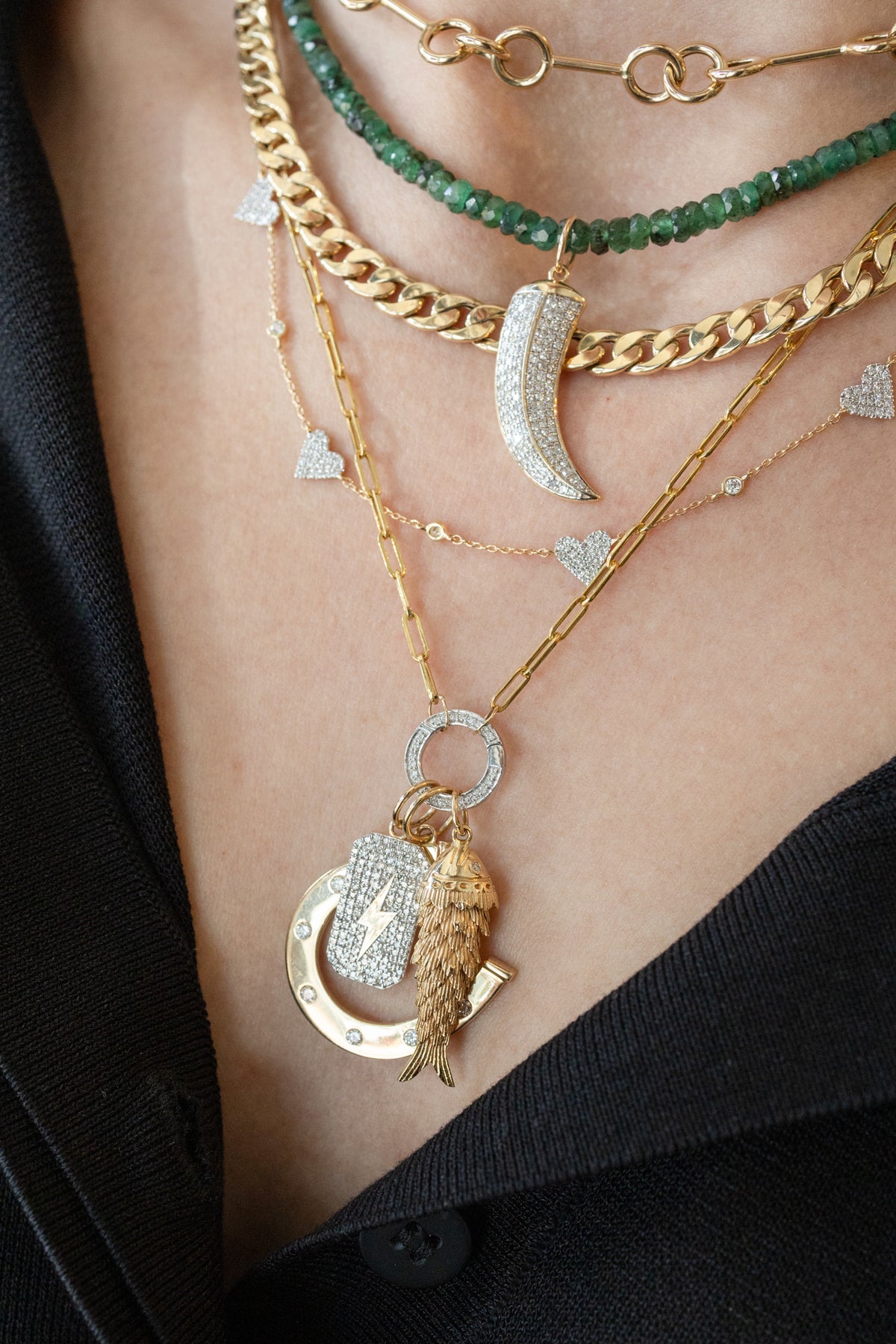 14K Gold Pave Diamond Heart Charm Station Necklace