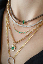14K Gold Bezel Emerald Curved Bar Necklace