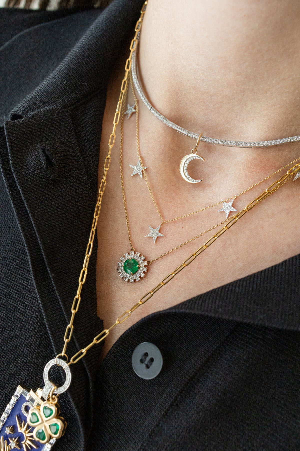 14K Gold Pave Diamond Dangle Star Charm Necklace