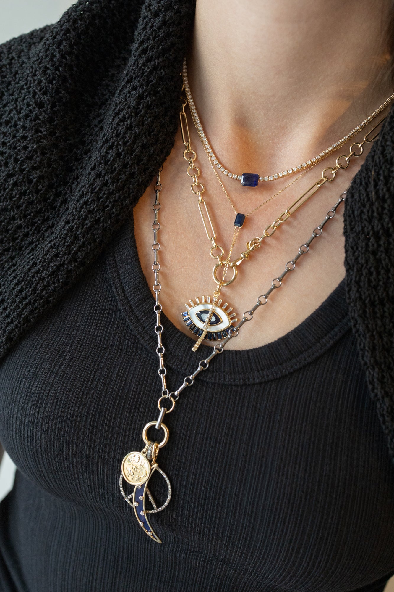 14K Gold Baguette Sapphire Double Lariat Necklace
