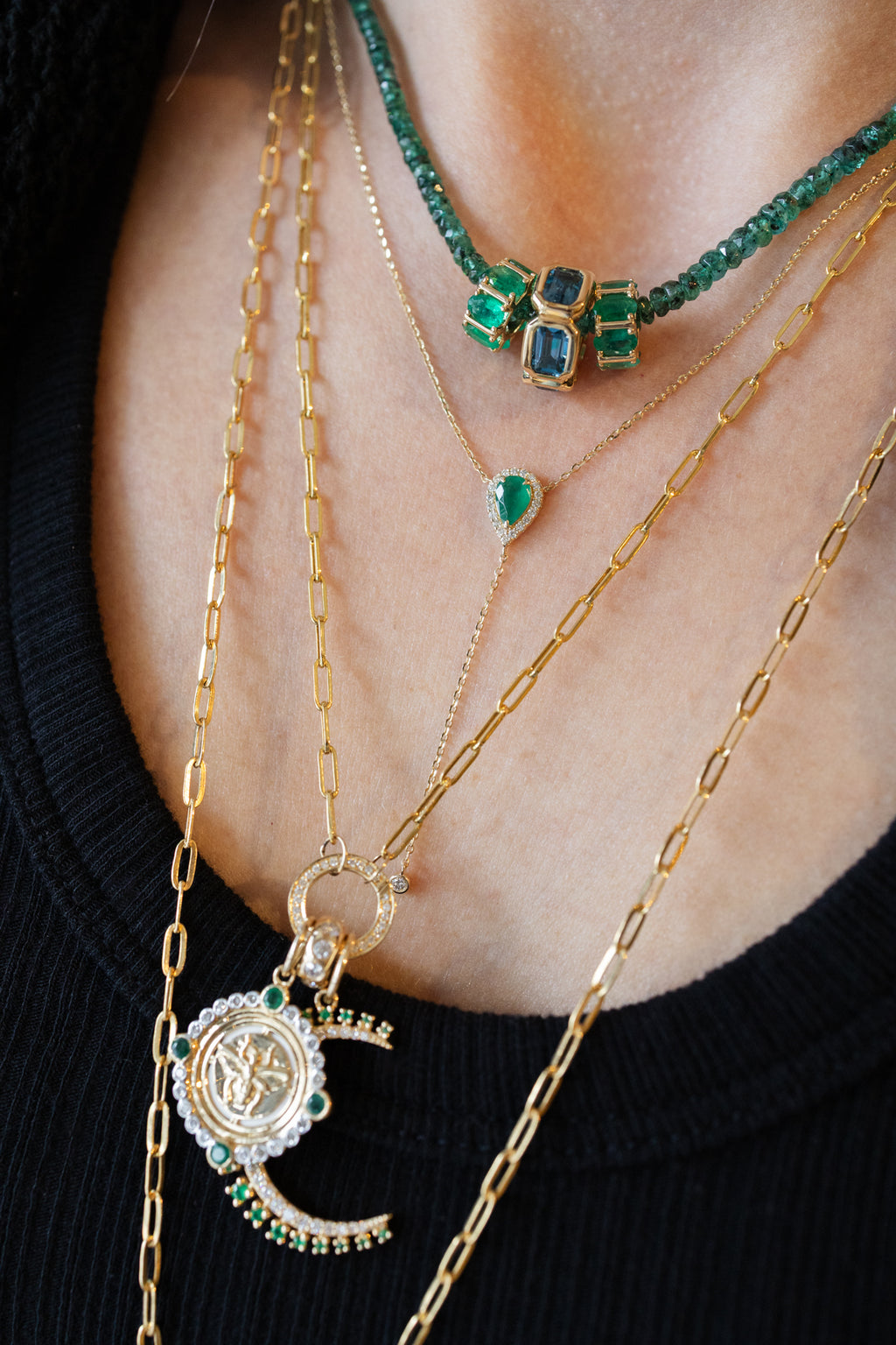 14K Gold Pear Emerald & Diamond Lariat Necklace