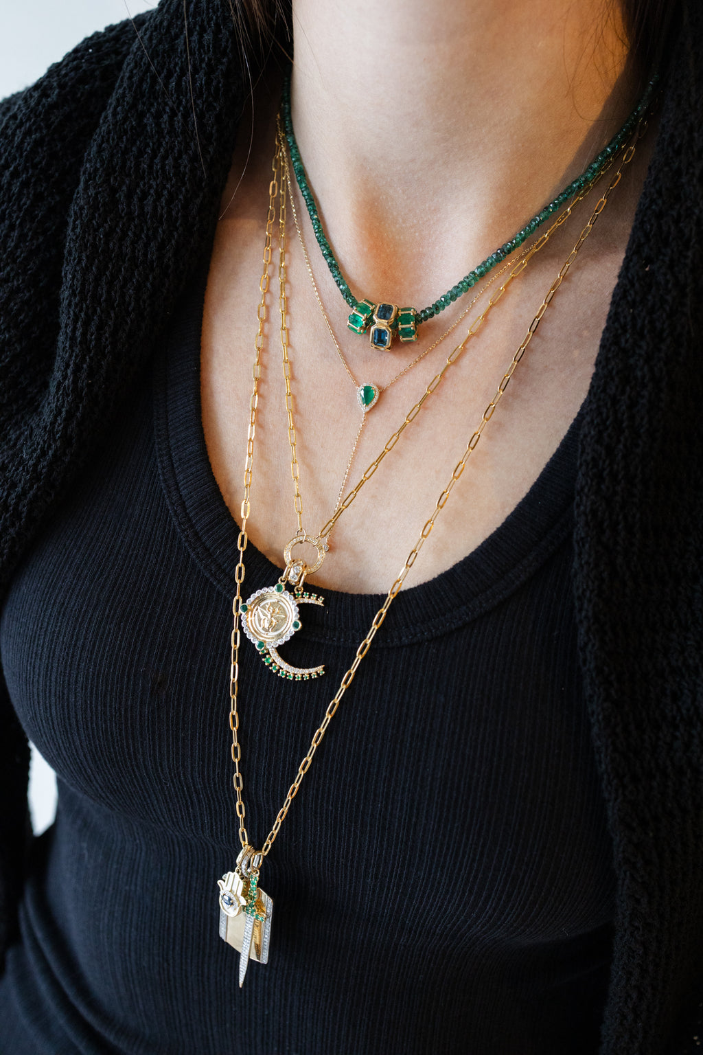 14K Gold Pear Emerald & Diamond Lariat Necklace
