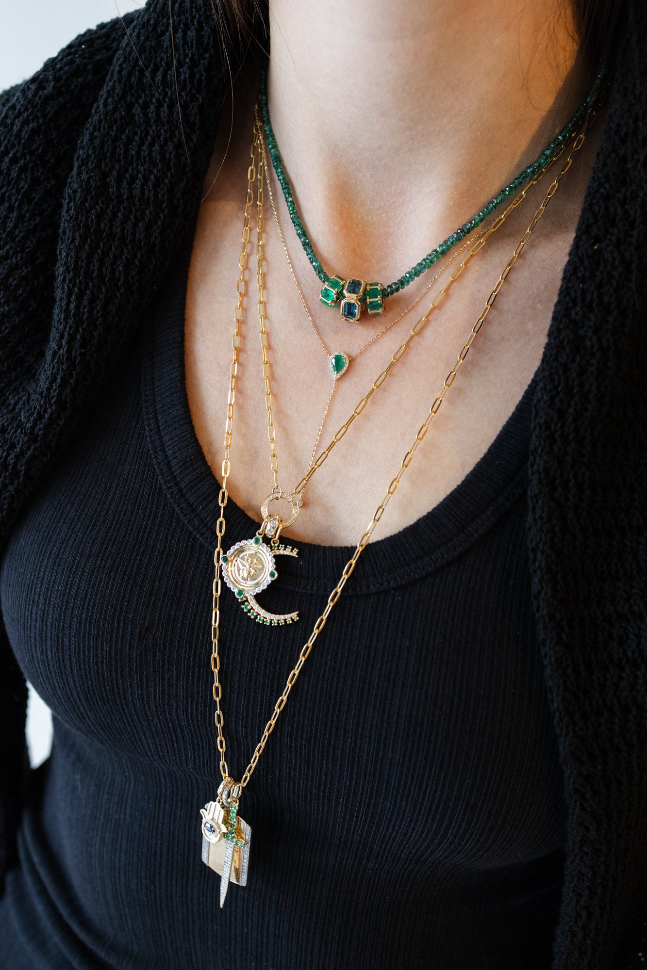 14K Gold Pear Emerald & Diamond Lariat Necklace