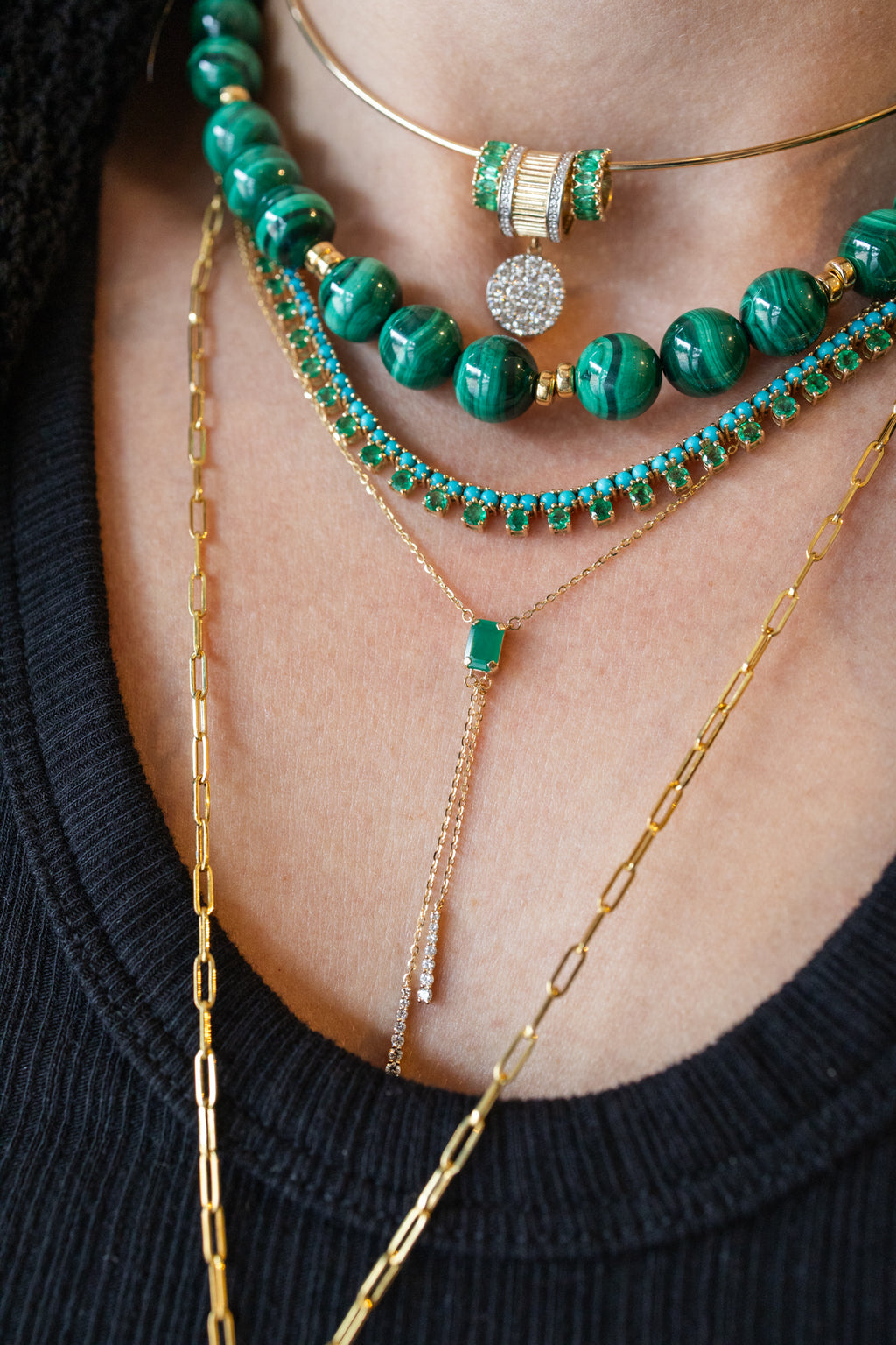 14K Gold Baguette Emerald Double Lariat Necklace