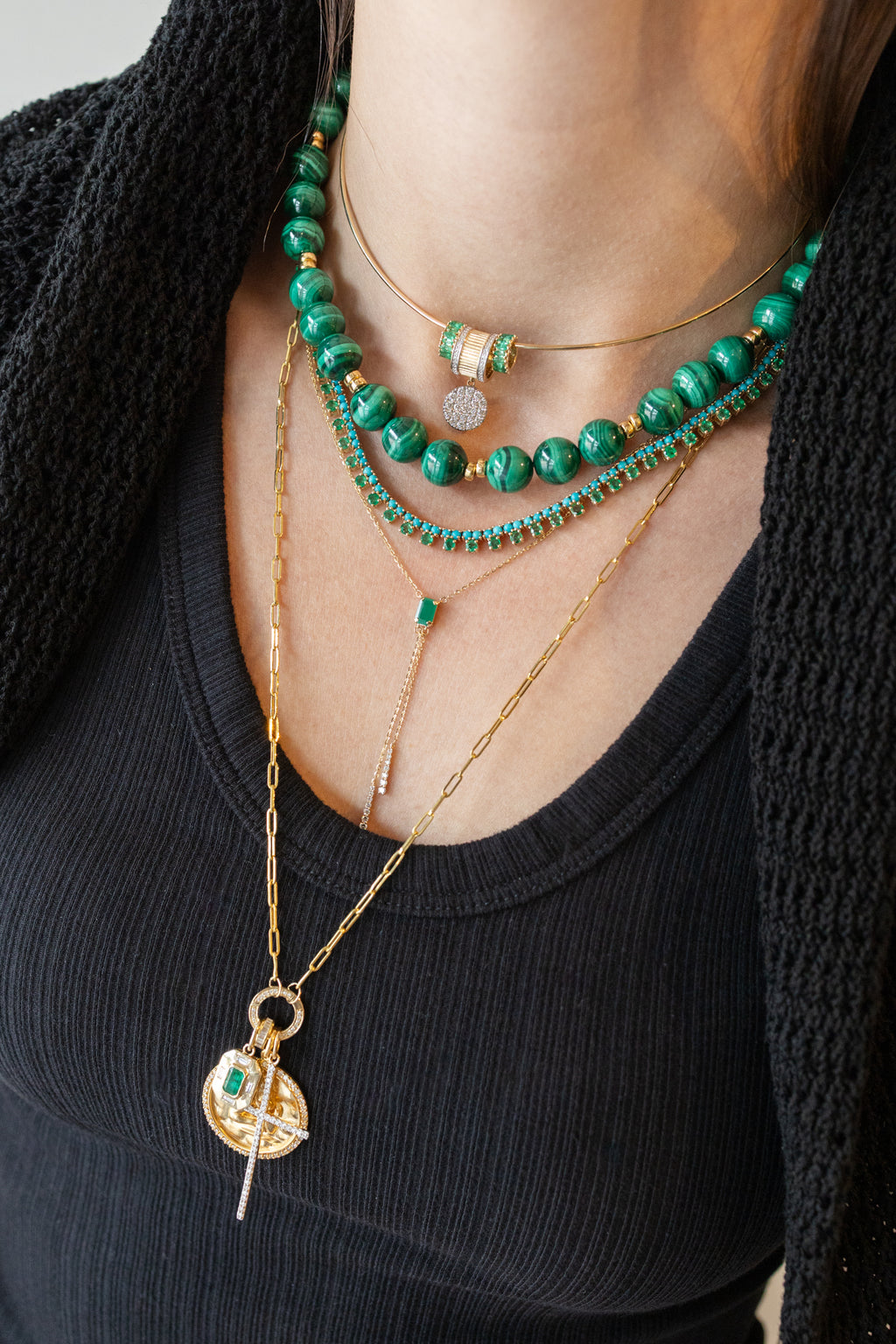 14K Gold Baguette Emerald Double Lariat Necklace