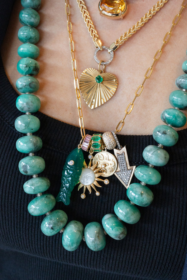 14K Gold Carved Green Onyx Diamond Fish Charm