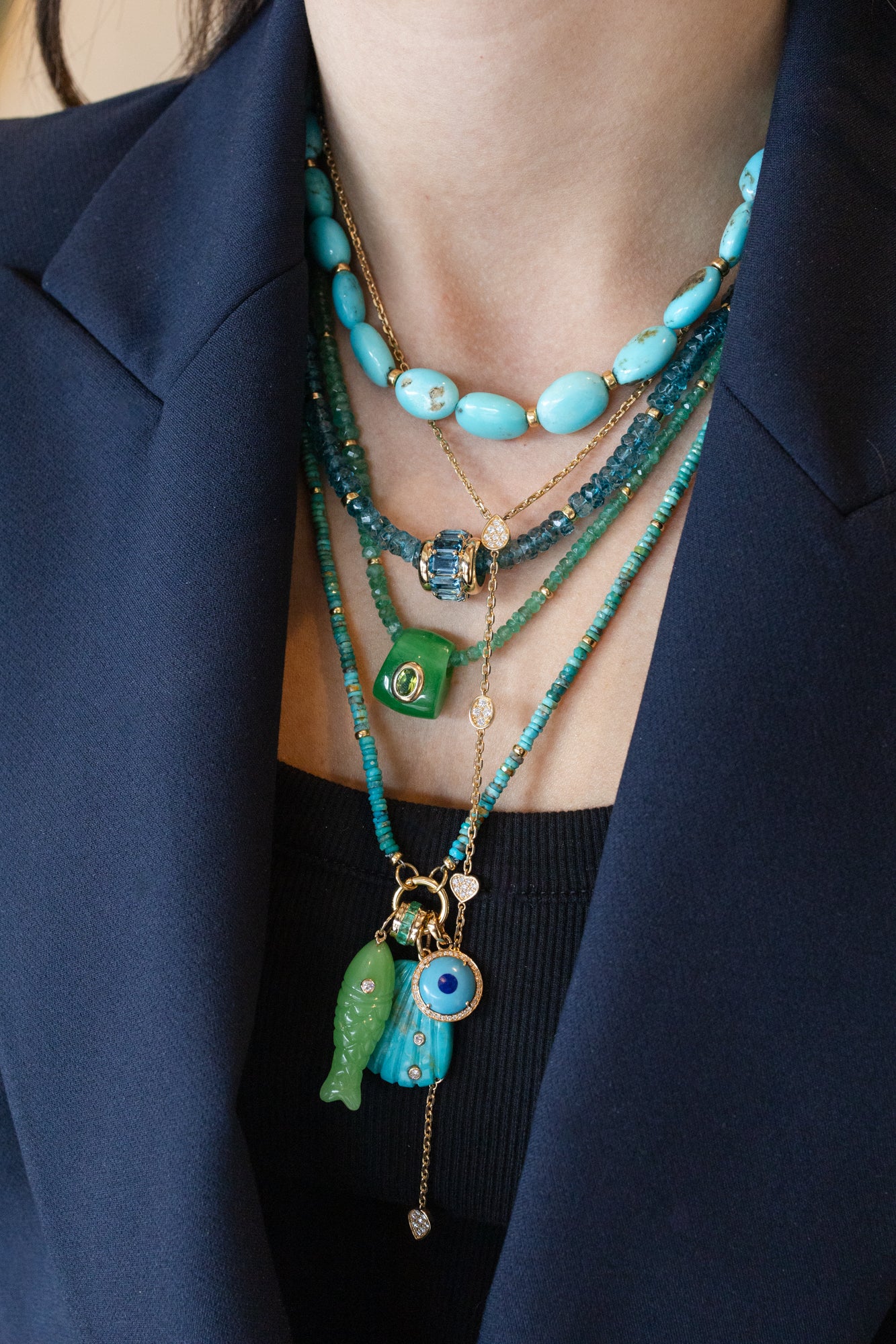 14K Gold Carved Chrysoprase Diamond Fish Charm